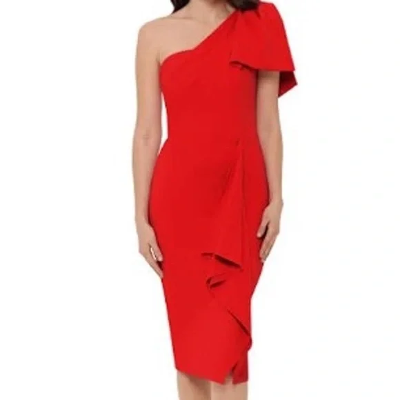 betsy and adam one shoulder ruffle dress Betsy & Adam Petite Asymmetrical One-Shoulder Ruffle Gown Dress - Burgundy